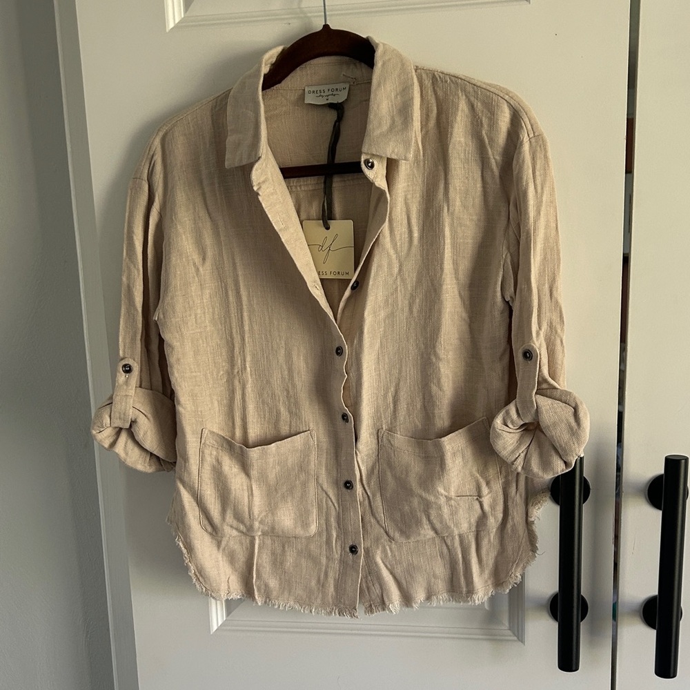 Anthropologie Dress Forum Neutral Linen blend Button-Front Utility Jacket shirt